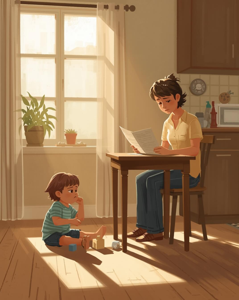 Parent reviewing autism-related information at home while their child plays nearby, illustrating why families often hear about ABA therapy after diagnosis.