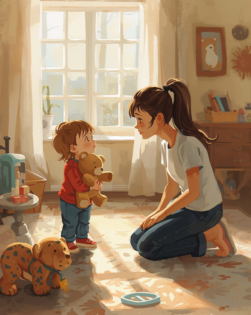 Parent listening closely to a child during a moment of frustration, showing how communication affects behavior.
