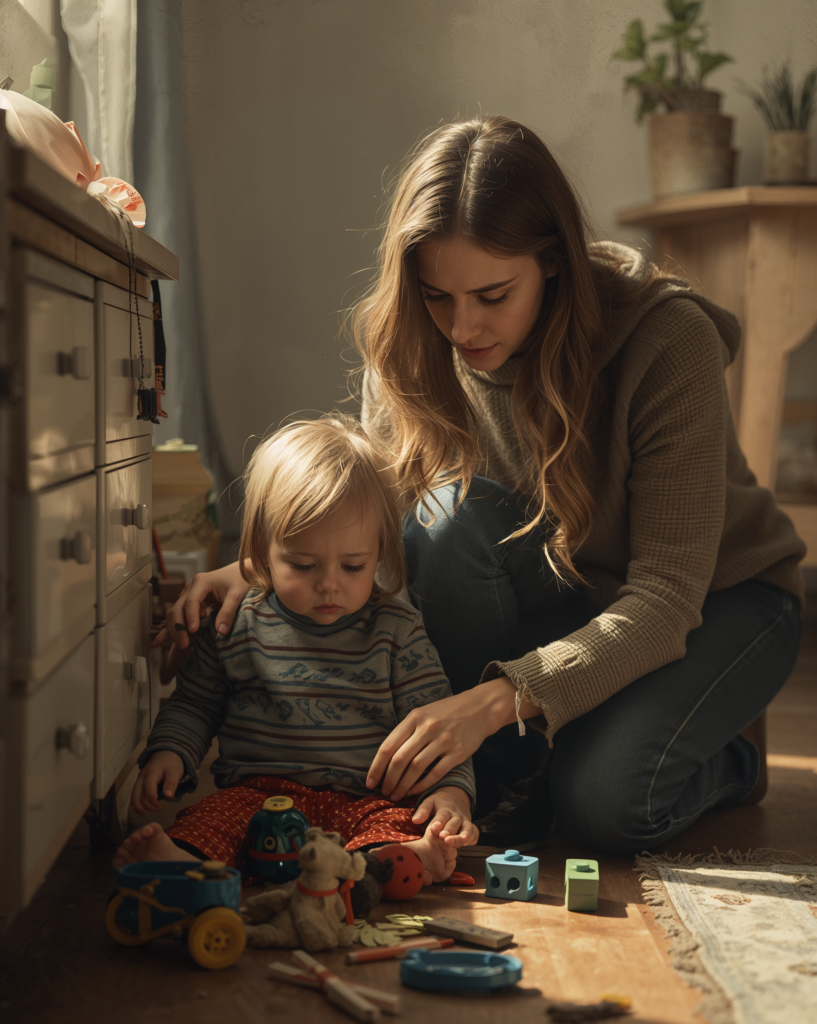 Parent helping an autistic child transition between activities using calm support and visual cues at home.