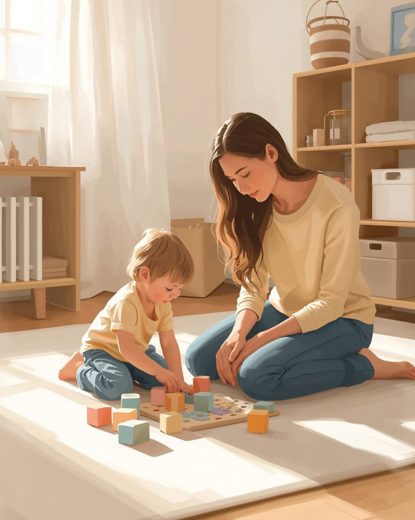 Parent and child learning through play at home, illustrating how ABA therapy principles support everyday learning.