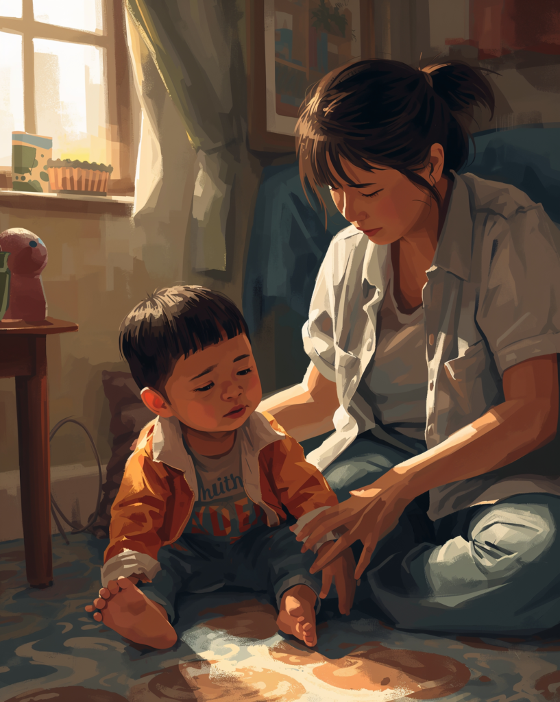 An autistic child experiencing sensory overload at home while a caregiver provides calm emotional support.