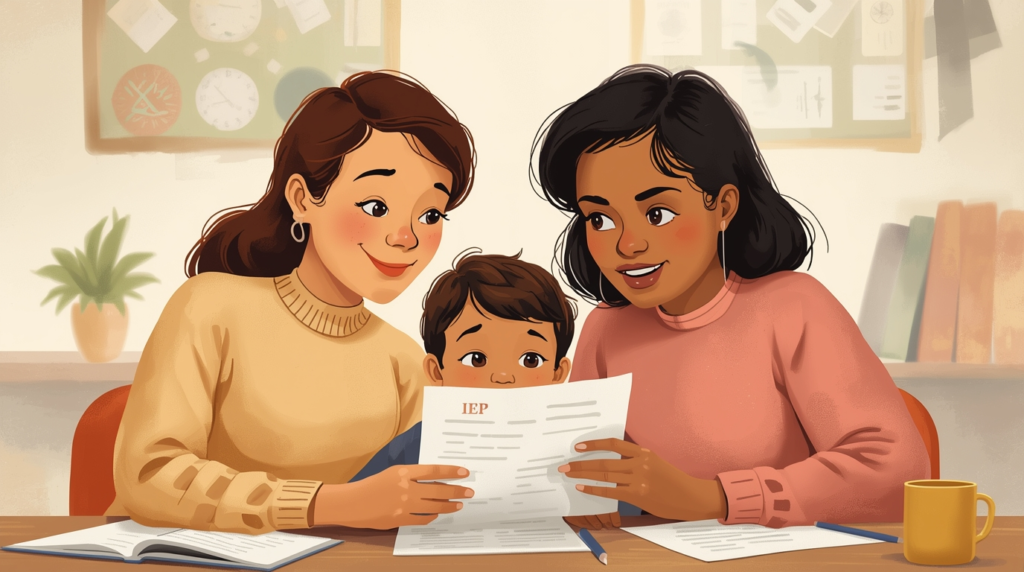 Parent of a child with autism reading through an Individualized Education Program with a special education teacher