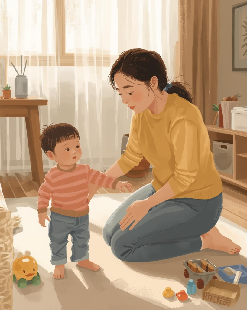 Parent calmly supporting a child during a routine transition at home, illustrating the ABC model of behavior in ABA therapy