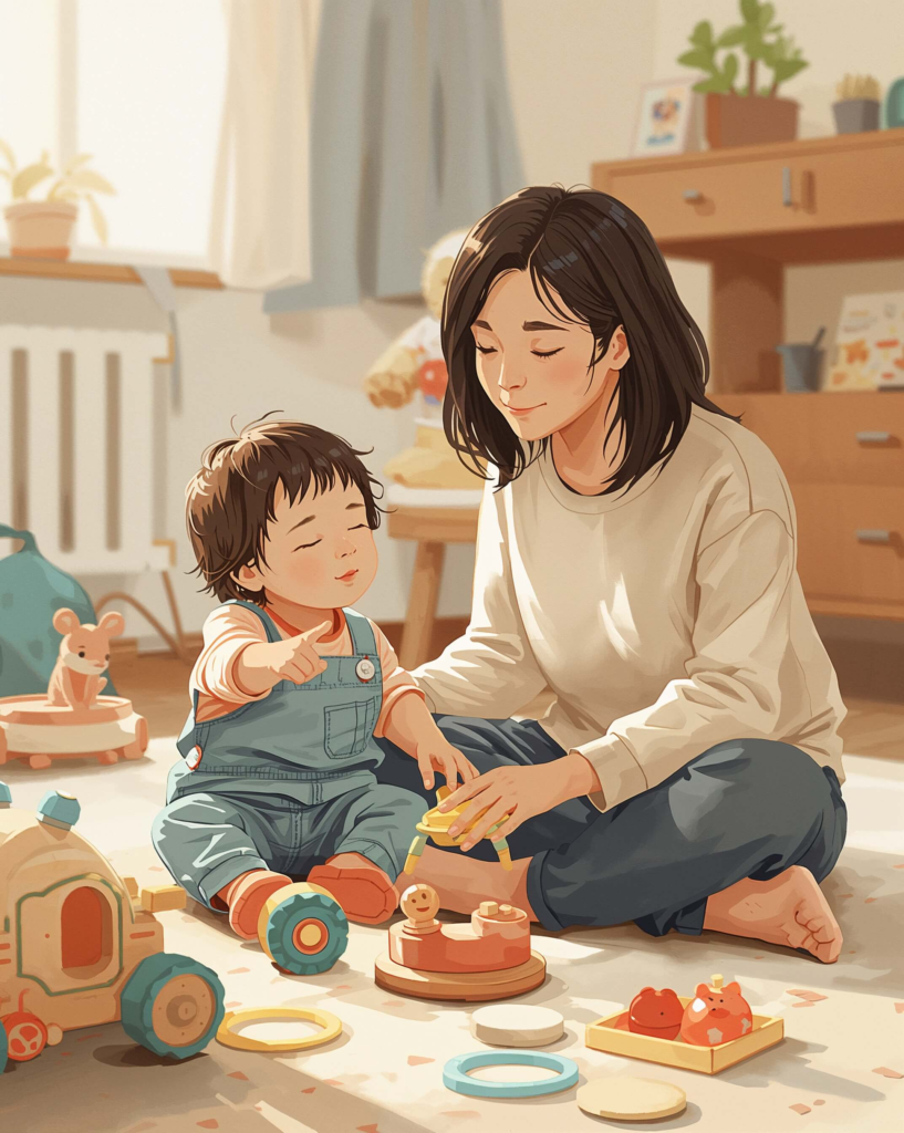 Parent supporting early communication skills during play, showing how communication shapes long-term behavior.