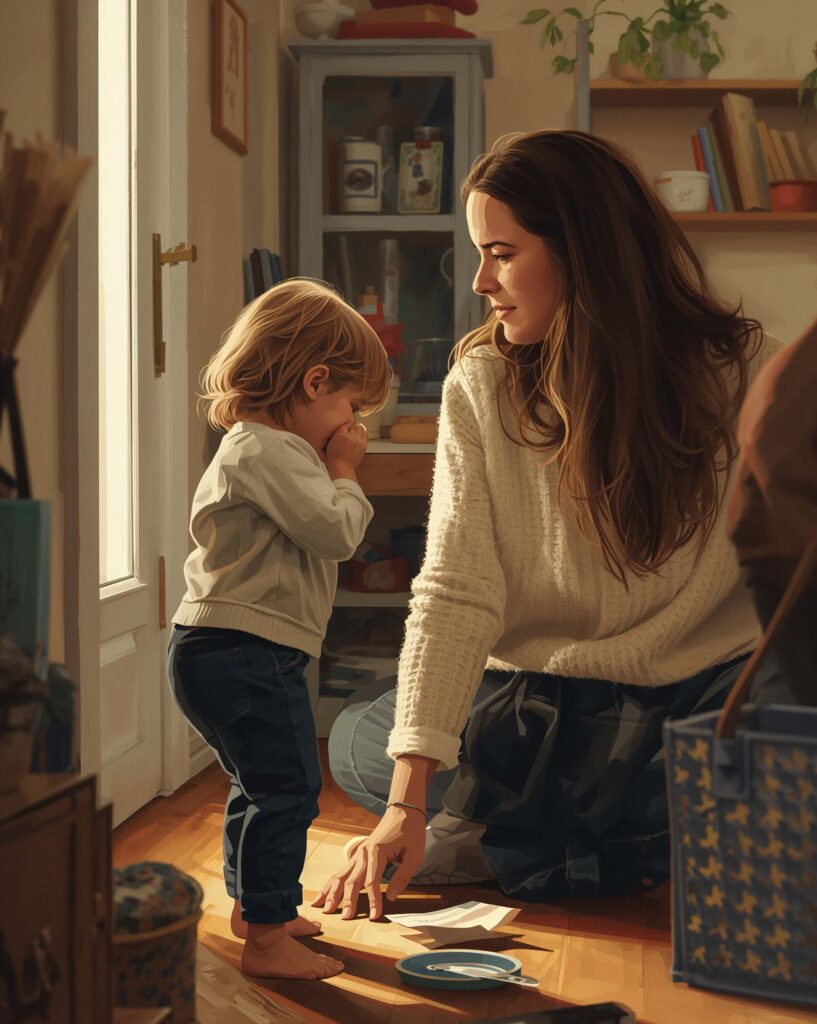 Parent calmly supporting an autistic child showing signs of emotional dysregulation during a transition at home.