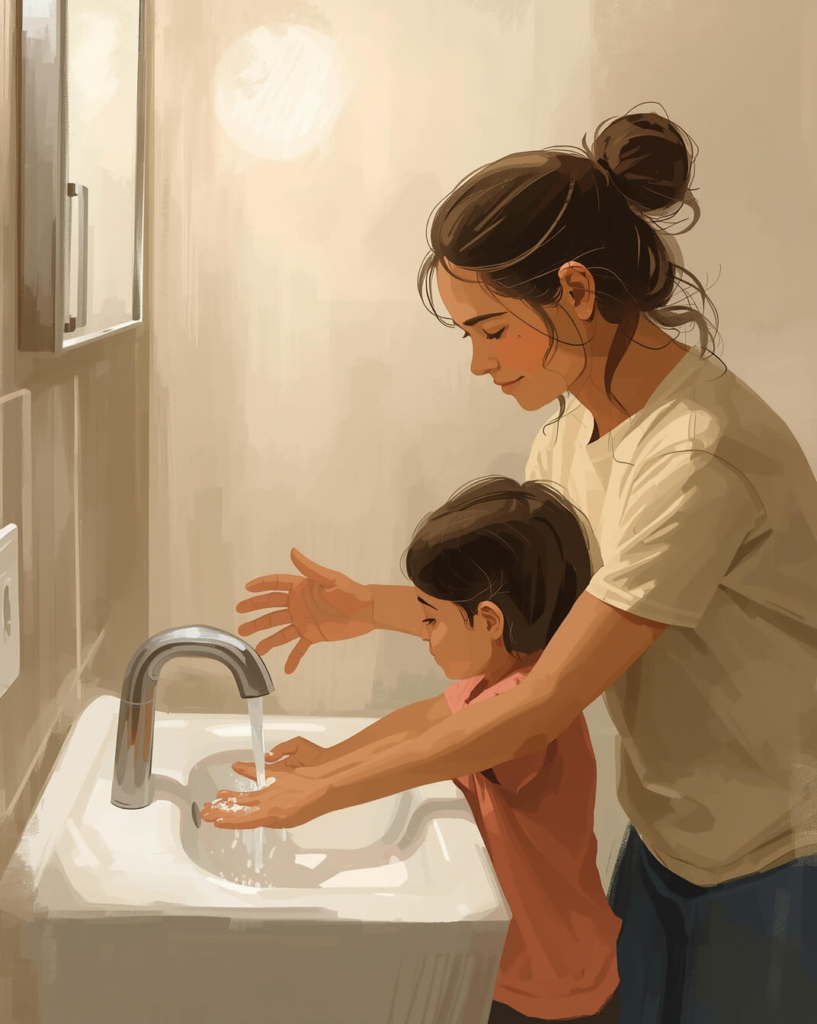 Parent gently guiding a child through a daily routine at home, illustrating common ABA therapy techniques used in everyday life.