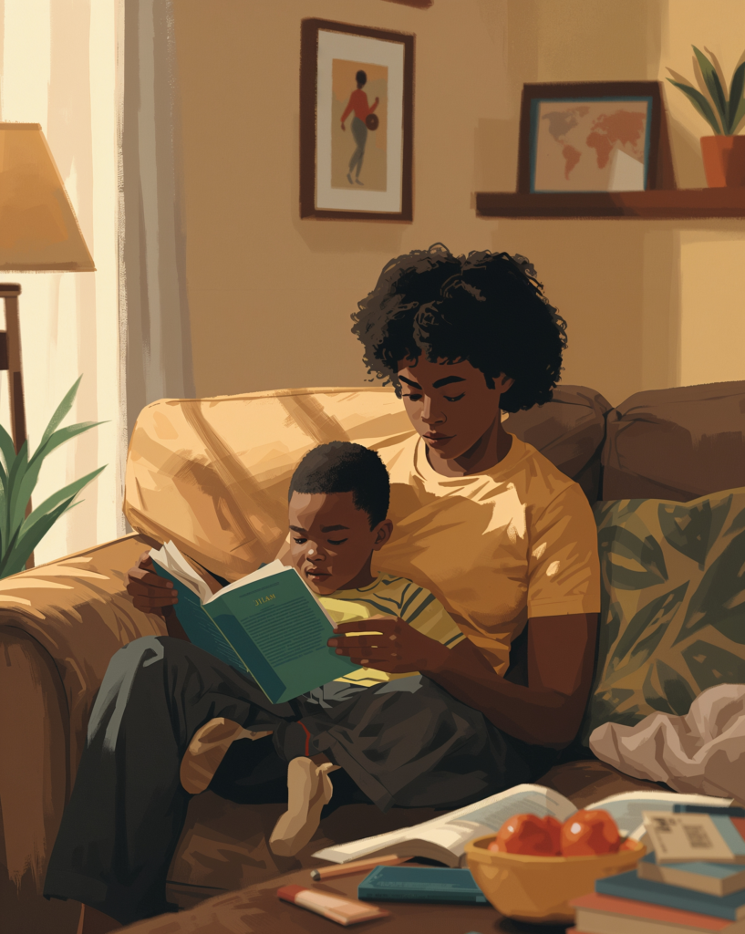 Parent and autistic child practicing emotional regulation skills during calm daily routines at home.