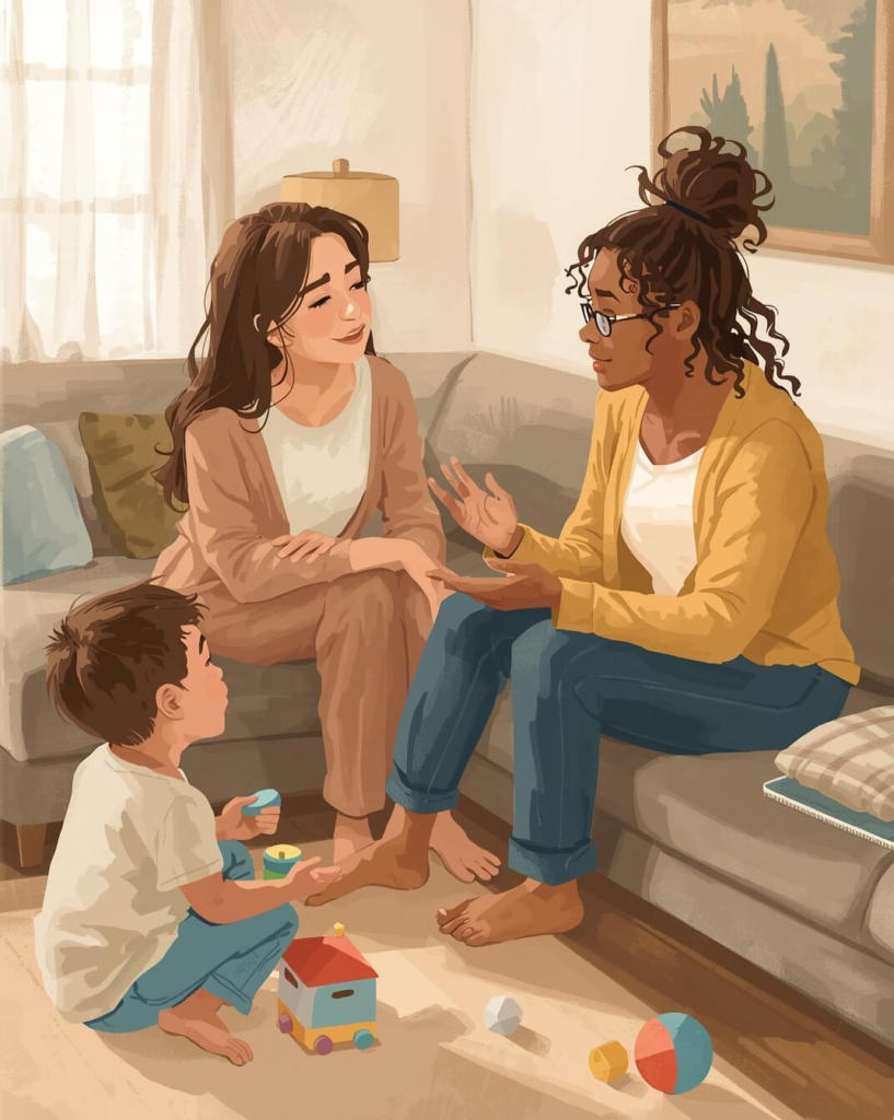 Parent collaborating with a therapist during a home-based ABA session, illustrating parent training and involvement.