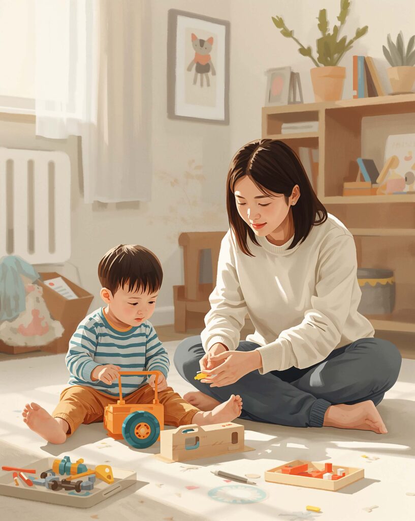 Parent following a child’s lead during play to support natural environment teaching at home.