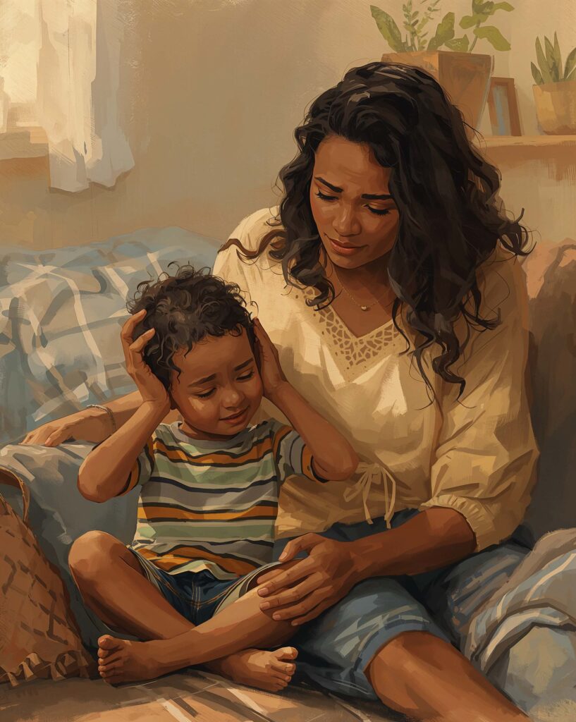 Parent supporting a child during a challenging moment, illustrating barriers that can interfere with communication.