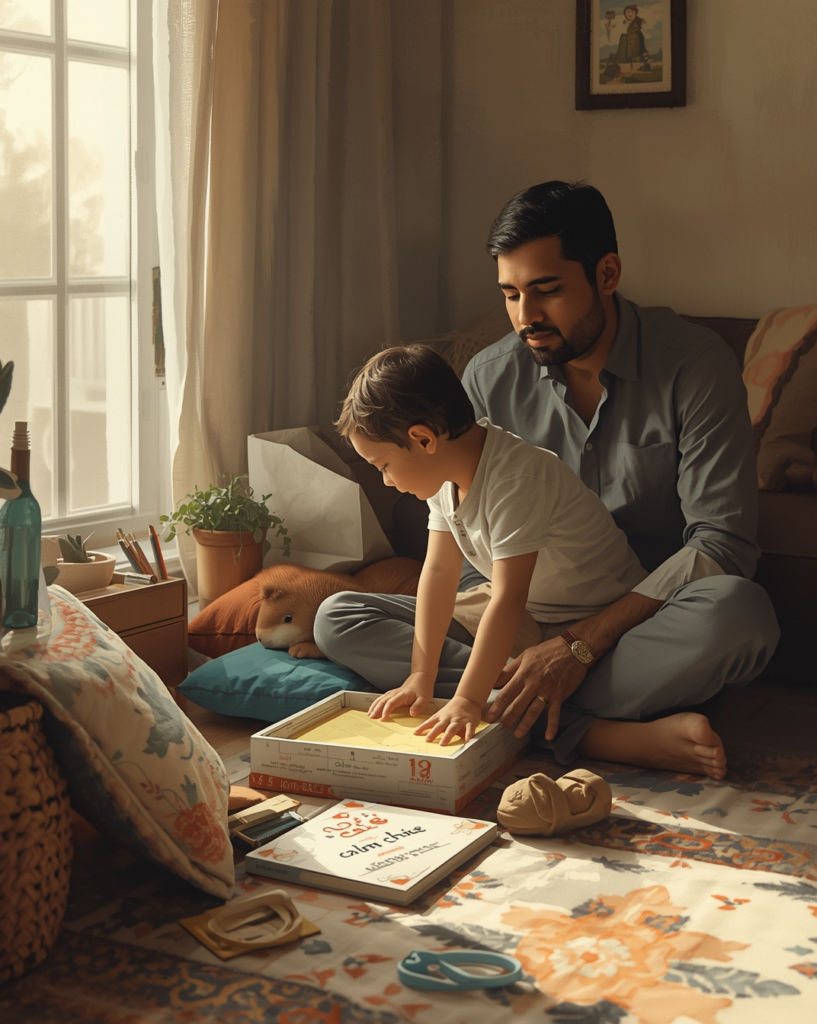 Autistic child using self-calming strategies with visual supports and sensory tools in a safe home space.