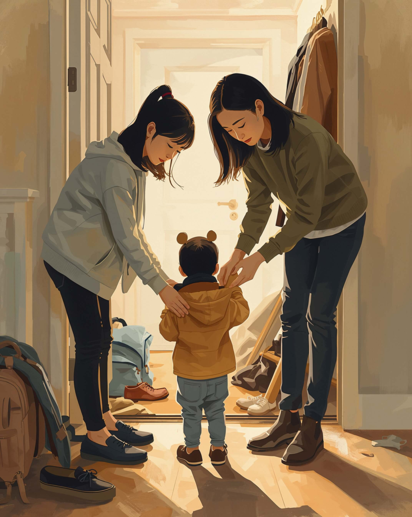 Parent giving a child space to try independently during a daily routine, illustrating common NET adjustments.