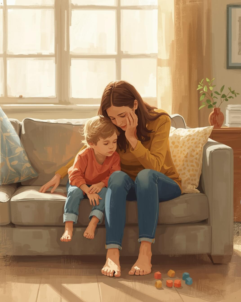 Parent thoughtfully supporting a child at home, illustrating how families weigh benefits and concerns of ABA therapy.