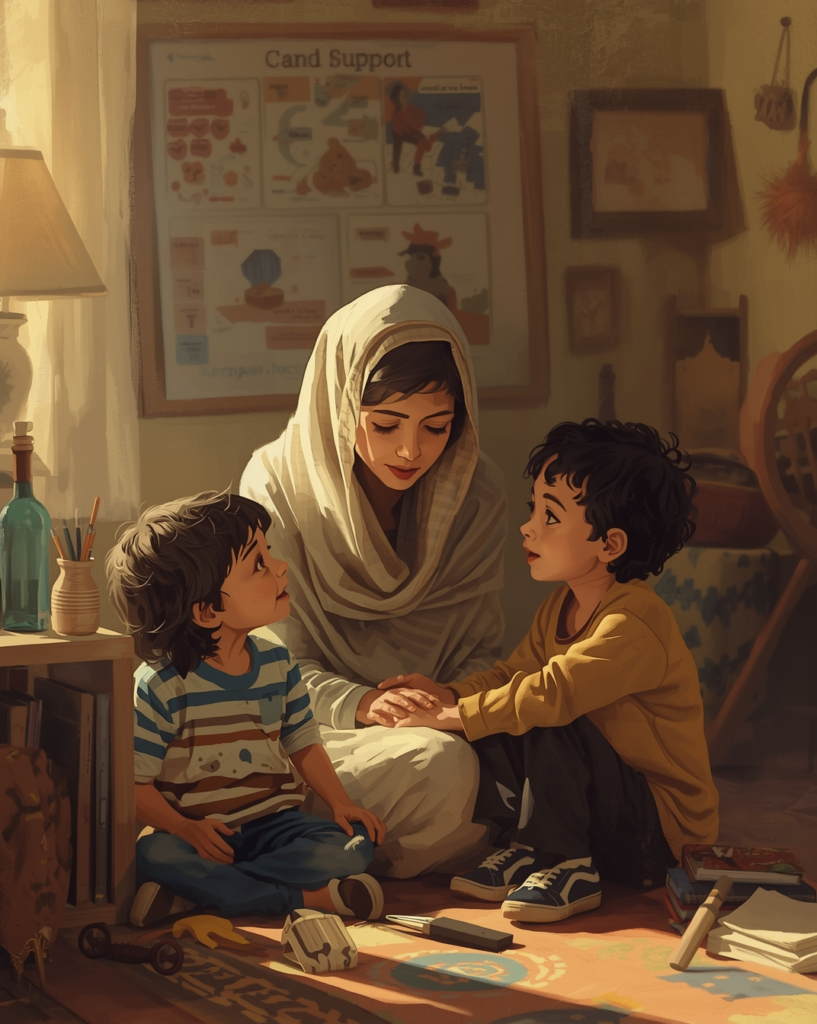 Parent supporting an autistic child’s emotional regulation through calm co-regulation at home.