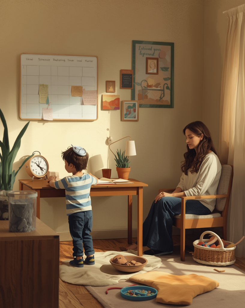 An autistic child using visual and sensory regulation tools in a calm, supportive home environment.