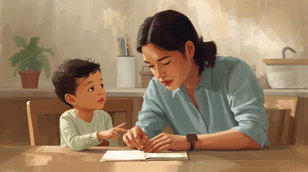 Parent listening and responding to a child’s communication during a calm daily routine at home.