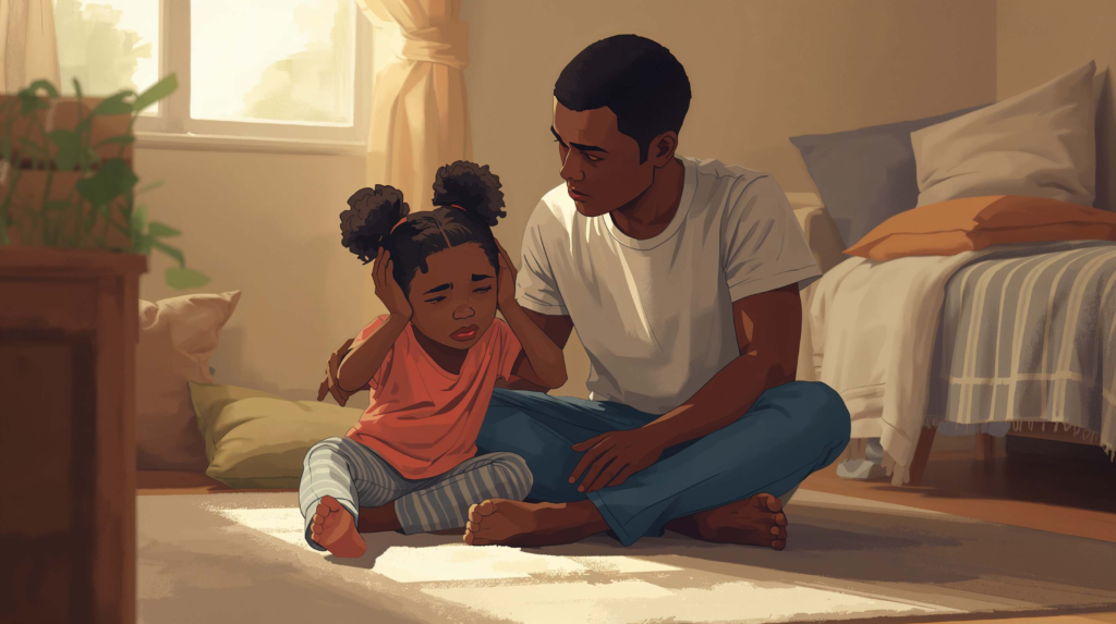 Parent supporting an autistic child during an emotional regulation moment in a calm, sensory-friendly home environment.