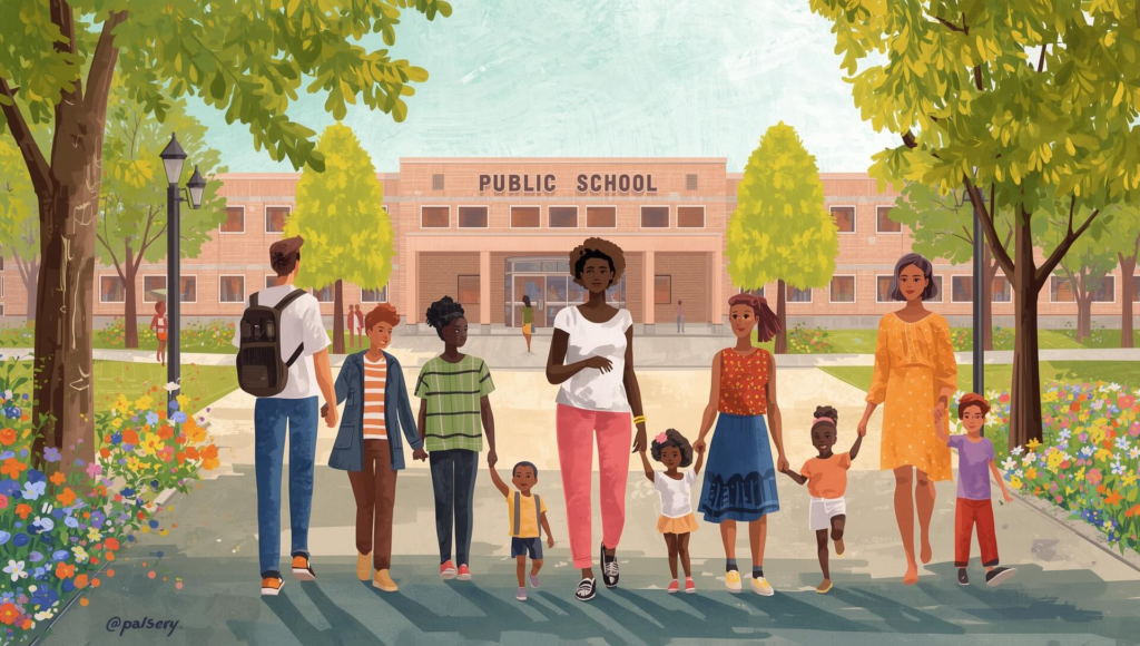 Parents and children entering and leaving a large public school building, representing families navigating the IEP process together.