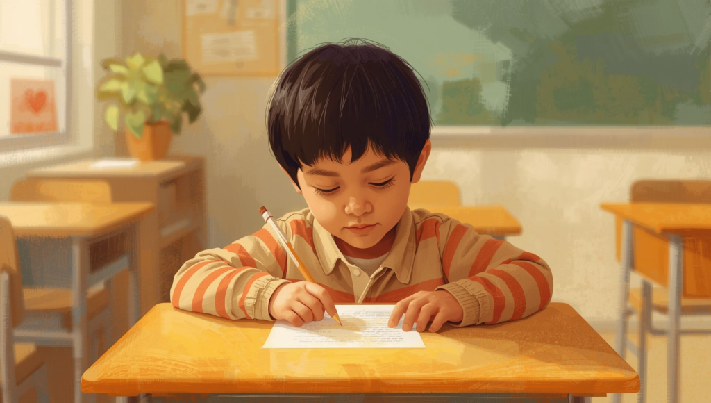 Elementary school student working at a desk with visual cues and teacher support, showing how ADHD impacts focus, emotional regulation, and classroom behavior