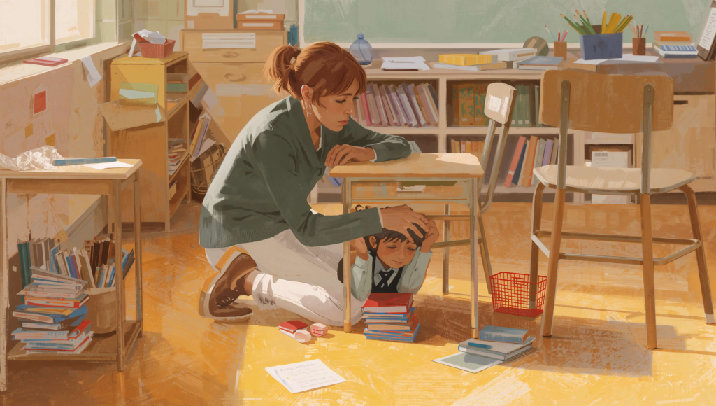 IEP support for oppositional defiant disorder at school showing a teacher helping an overwhelmed student regulate emotions instead of escalating discipline