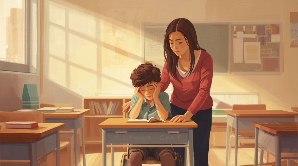 Student with learning disabilities receiving structured classroom support to reduce cognitive overload and improve emotional regulation.