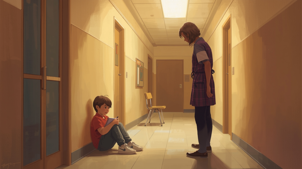 A student with anxiety at school receives calm emotional support to help regulate stress and regain access to learning.