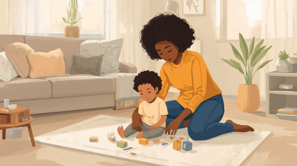 Parent supporting a child during a calm at-home learning moment, representing a parent-friendly introduction to ABA therapy.