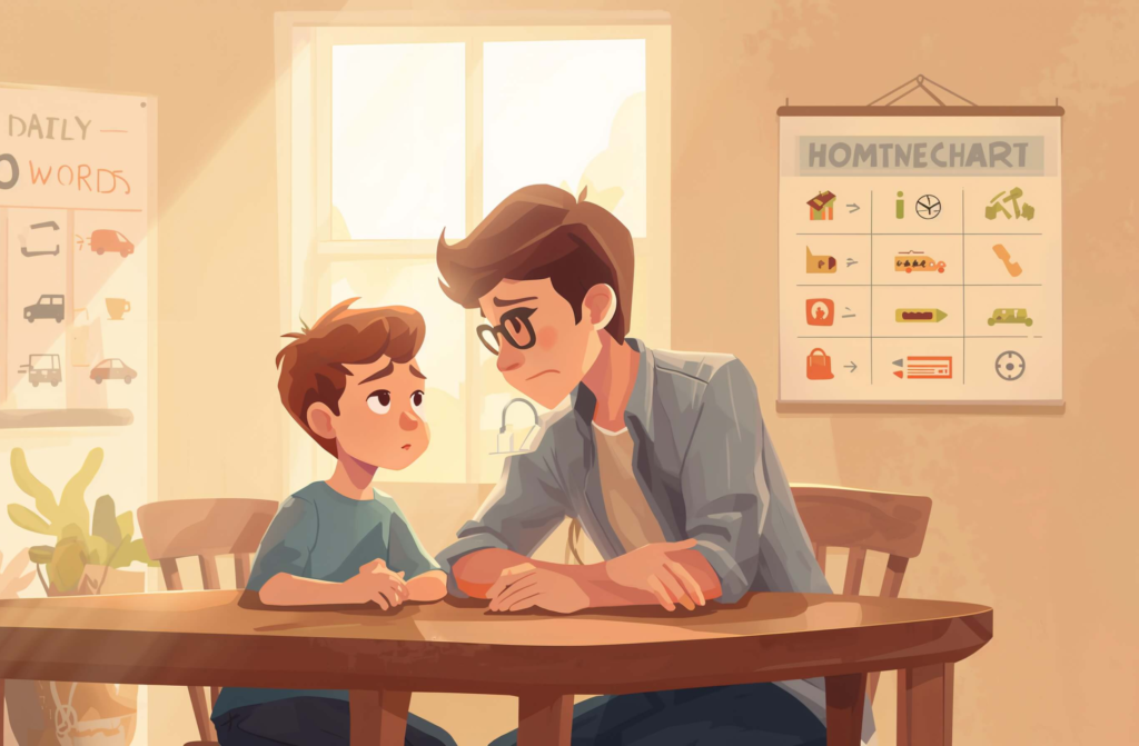 Parent supporting a child with ADHD at home using a visual routine and calm in-home behavioral support strategies.
