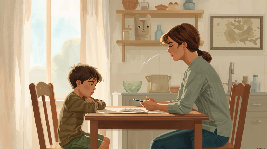 Parent calmly supporting a child with defiant behavior at home through understanding and emotional regulation rather than punishment.