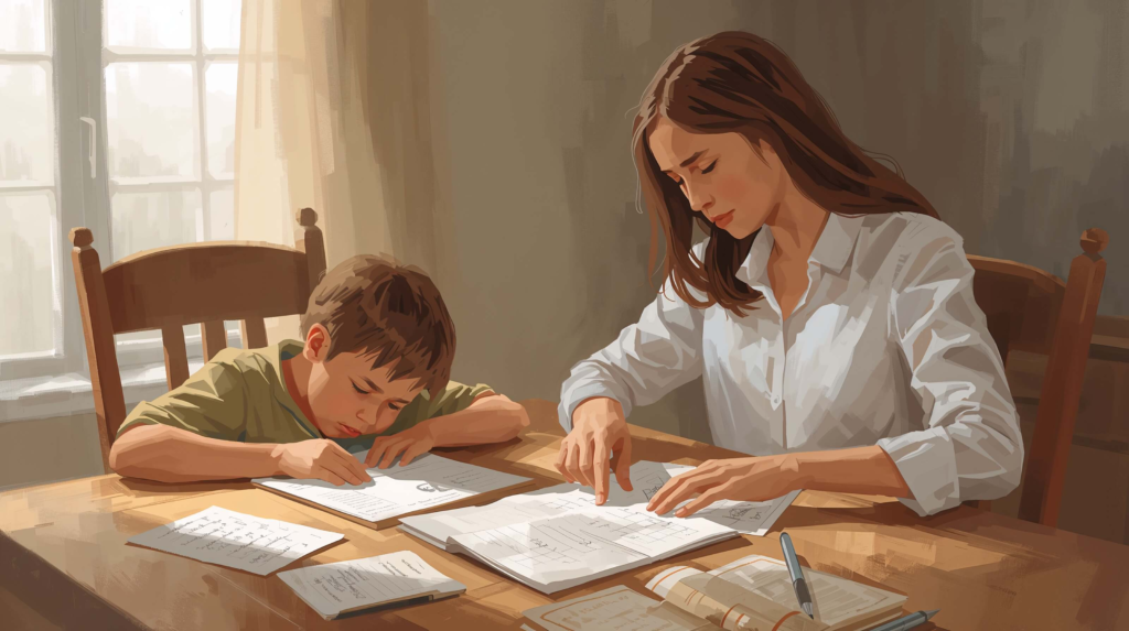 Parent supporting a child with learning disabilities during homework at home, focusing on understanding rather than discipline.