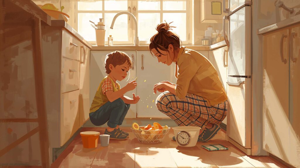 Parent supporting a child during a daily routine at home, illustrating natural environment teaching in ABA.