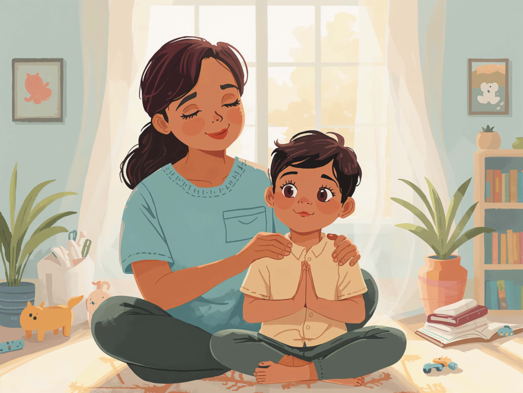 Parent and child practicing deep breathing together as part of an ABA emotional-regulation activity at home.]