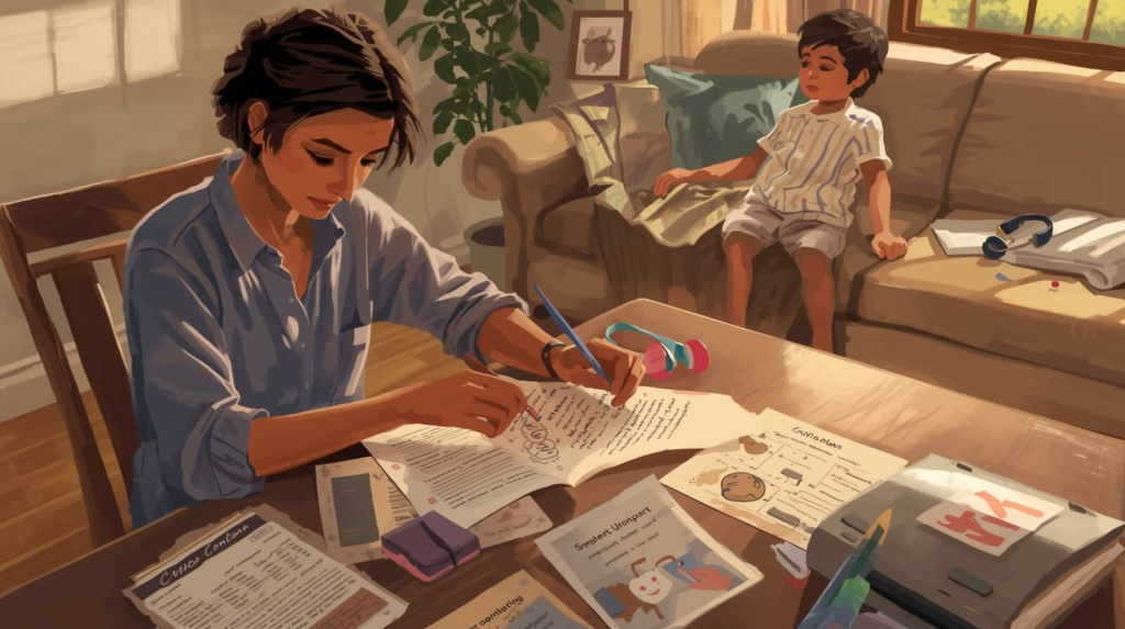 Parent developing family crisis plan for autistic child, including safety contacts and calming tools.