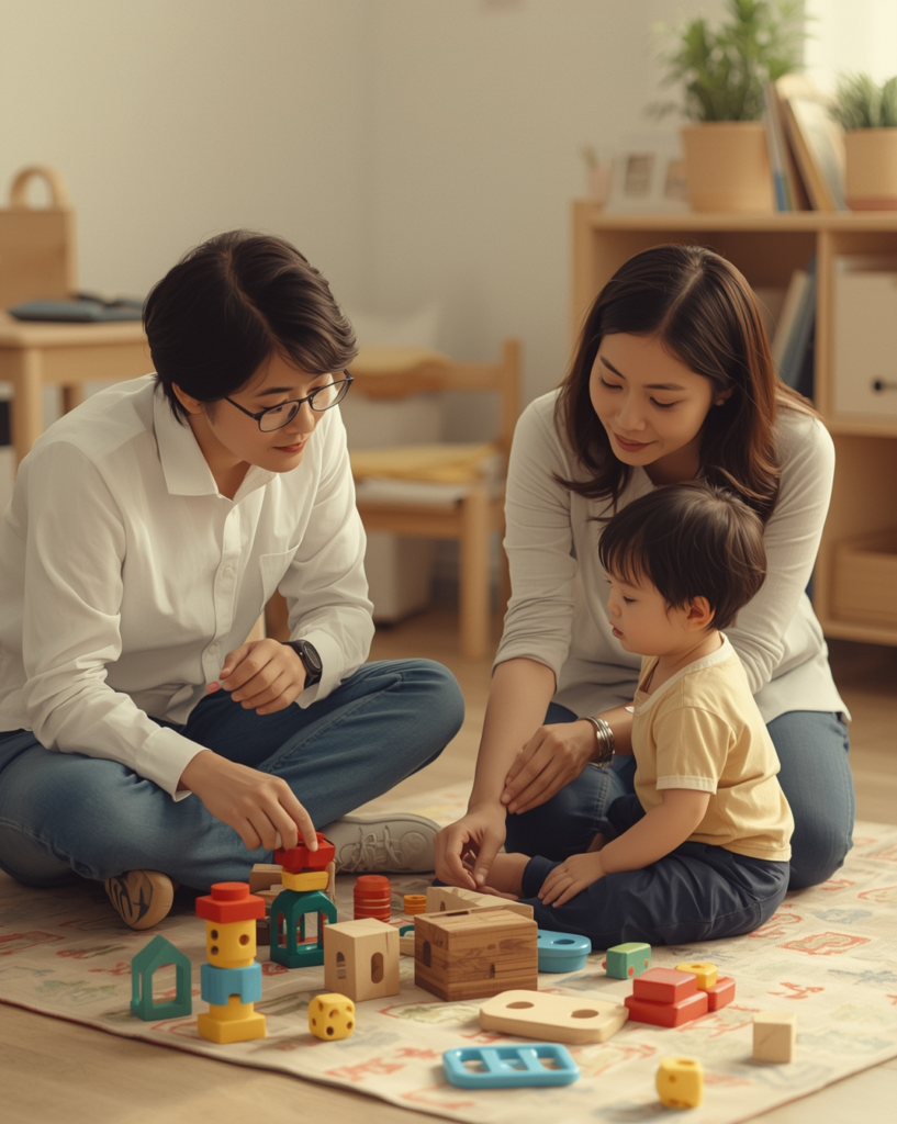 Parent and early intervention therapist supporting communication skills in a young child with autism through play