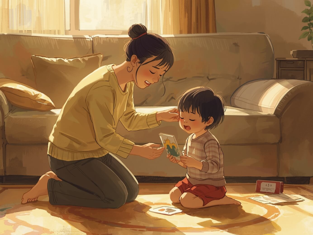 Parent uses a visual cue card to help an upset child communicate feelings at home during an ABA-style calm-down moment.]