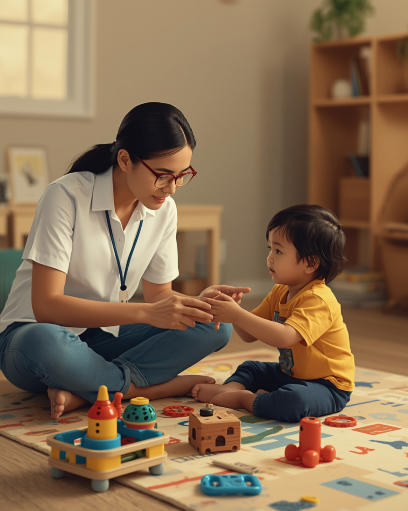 BCBA and parent using play-based ABA strategies to support communication in a young child with autism