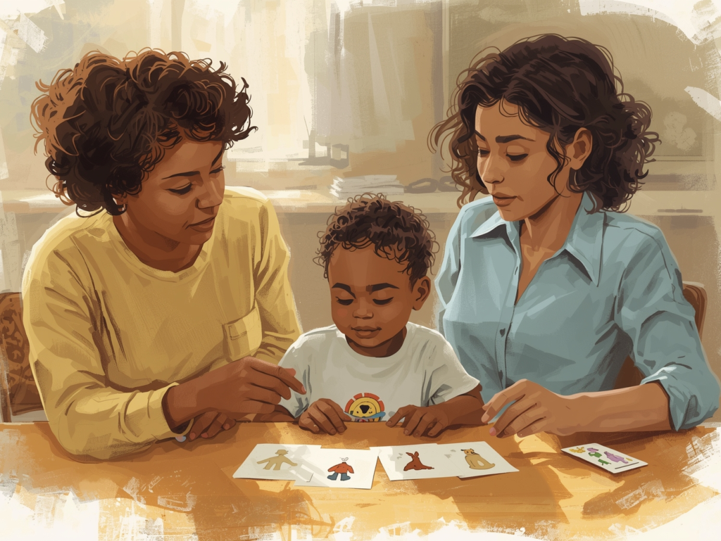 Therapist, parent, and child use a visual emotion scale to identify feelings as part of ABA emotional-regulation training.]