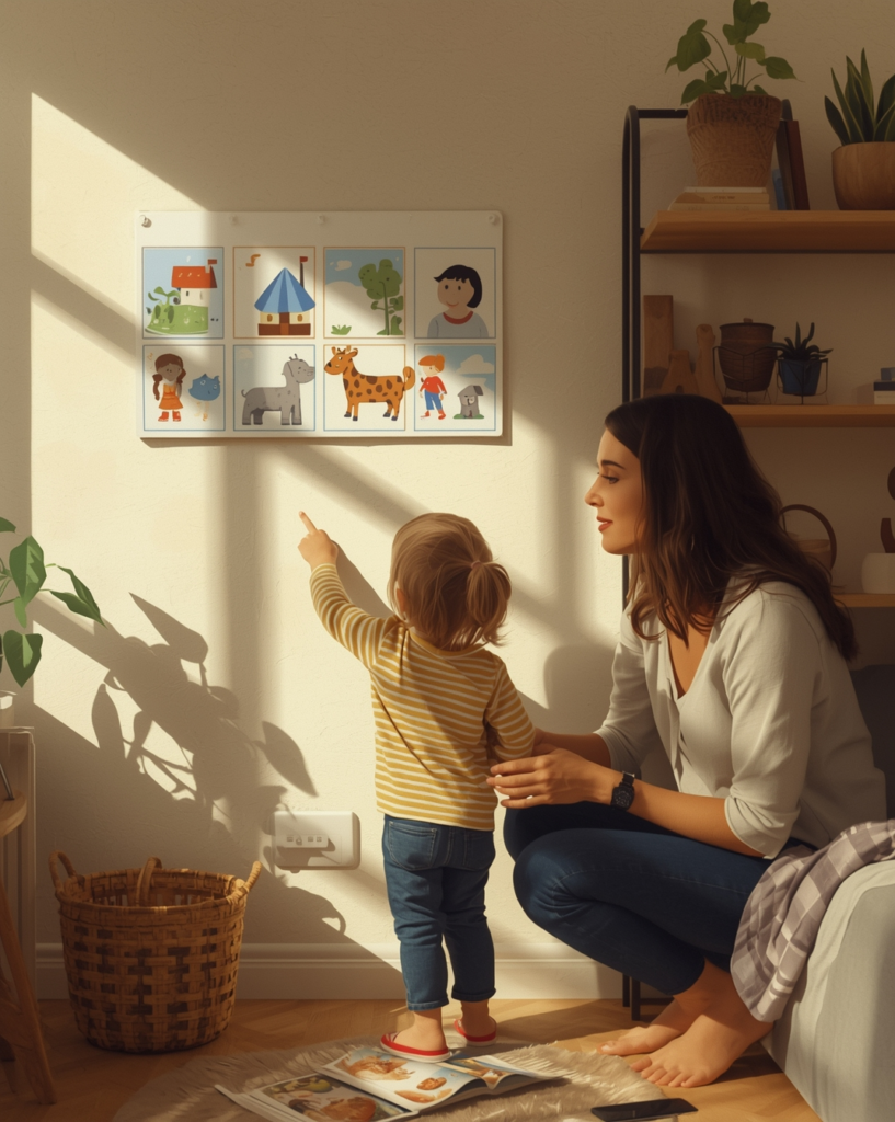 Parent using a visual schedule at home to support communication and routines for a child with autism