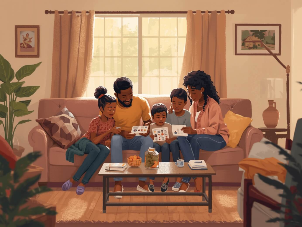 Family and BCBA practicing ABA emotional-regulation strategies with visual aids in a relaxed home setting.