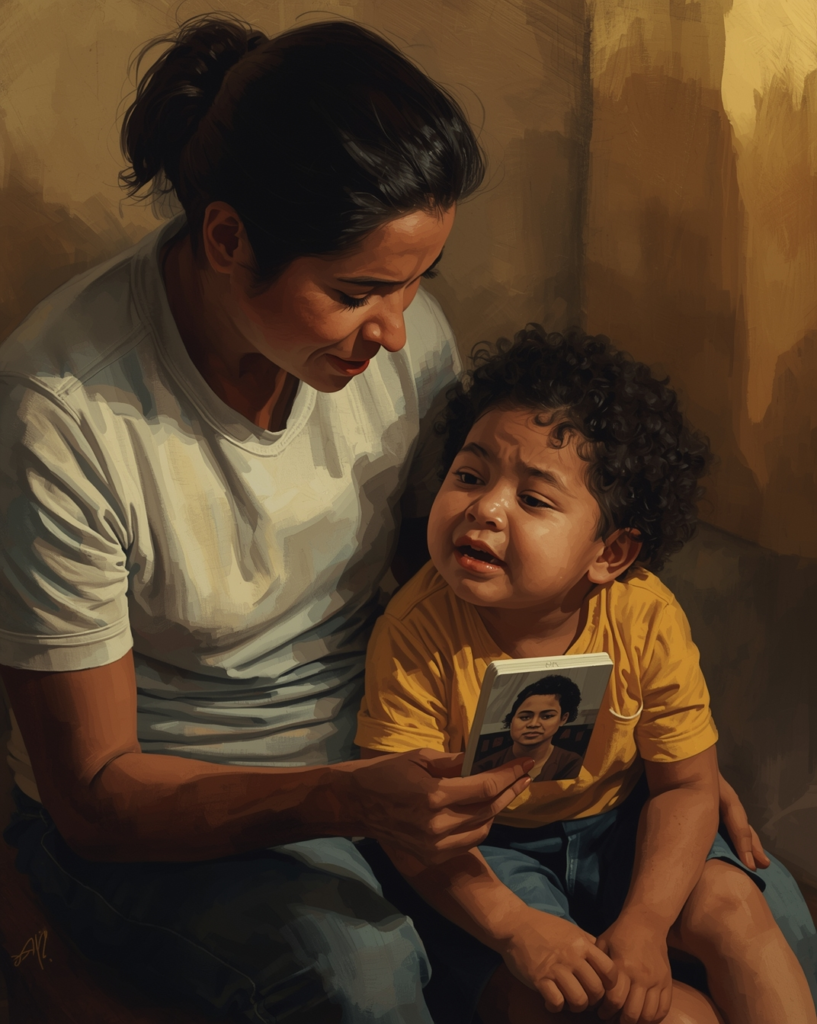 Parent supporting emotional regulation and communication for a child with autism using visual supports