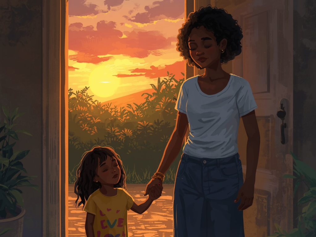Parent and child share a calm moment outdoors at sunset, representing emotional resilience built through ABA and family practice.]