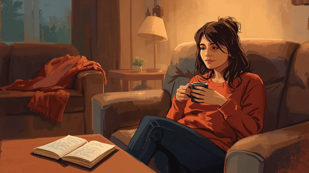 Caregiver taking a quiet moment for self-care and reflection after supporting a child with autism through a behavioral crisis.