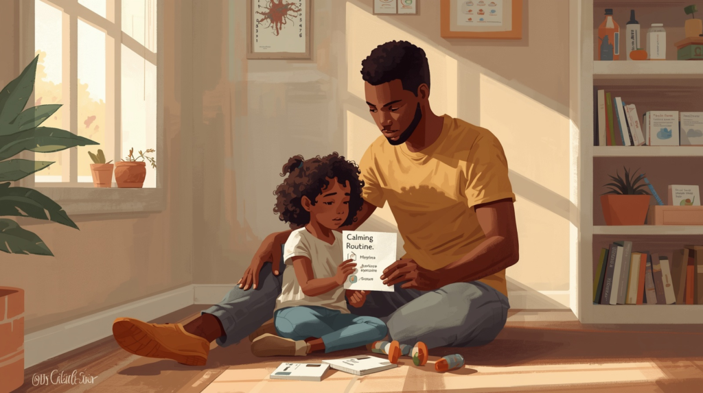 Parent helping autistic child follow a visual calming routine at home to strengthen crisis preparedness.