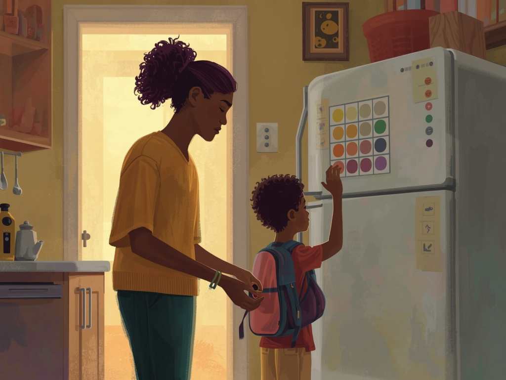 Parent guides child through labeling feelings using an emotion chart during morning routine, applying Natural Environment Teaching principles.