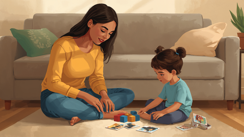 Parent sitting on the floor engaging in calm, play-based communication with a young pre-verbal child with autism in a home setting