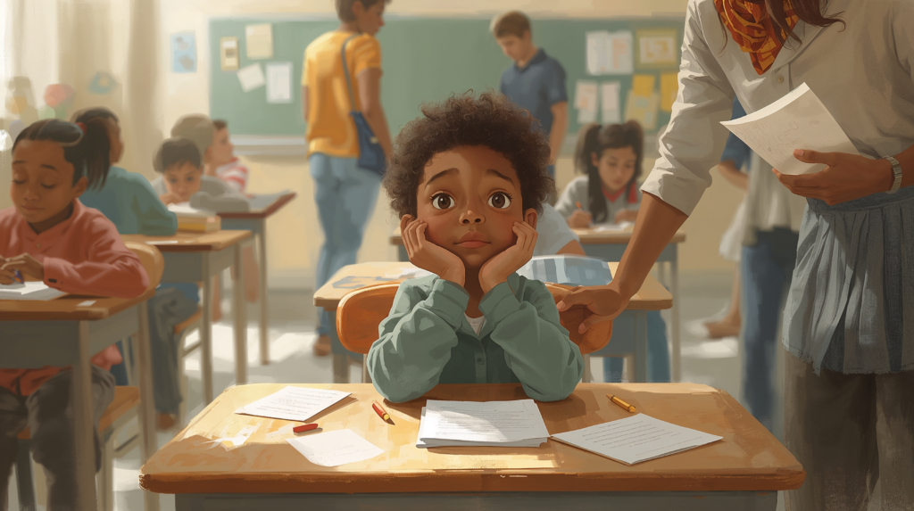 Student with ADHD focusing at a classroom desk while distractions move around them, showing how attention regulation affects learning at school.