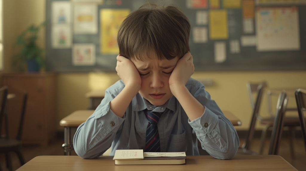 Elementary school student sitting quietly at a classroom desk while appearing overwhelmed during a structured school activity.