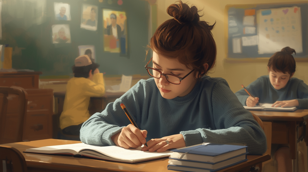 Student working at a classroom desk with learning supports while a teacher provides calm guidance nearby.