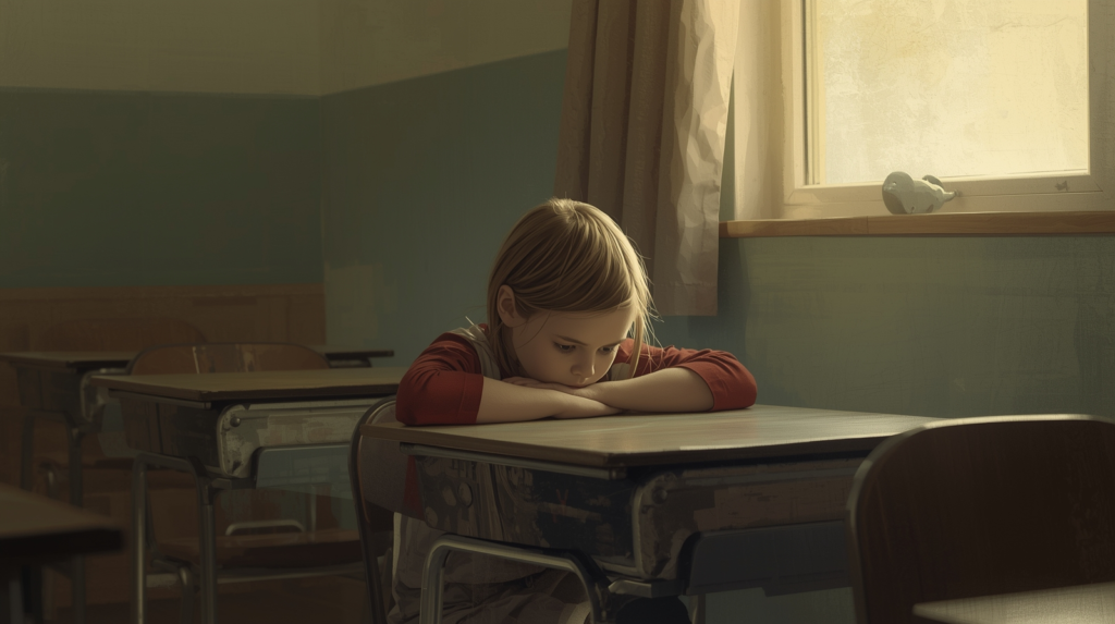 A child sitting quietly in a classroom experiencing anxiety that affects emotional regulation and school participation