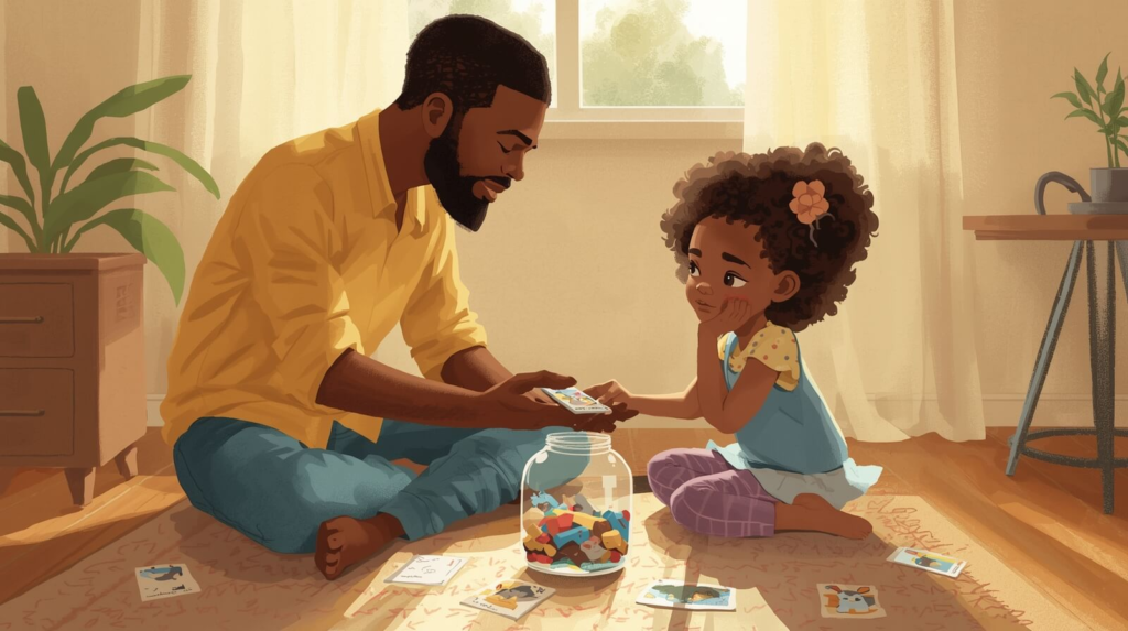 Parent guiding autistic child through calm-down activity using picture cards and breathing exercise at home in a peaceful pastel-lit setting